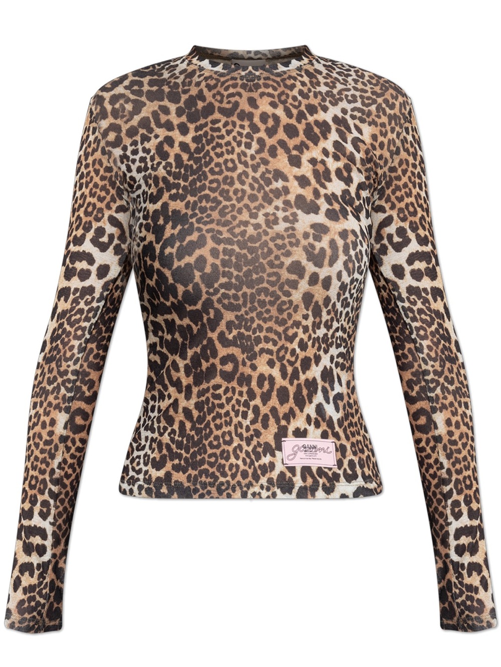 Ganni Leopard Print Long Sleeve light mesh Top Brown & black Crew Neck size XXS